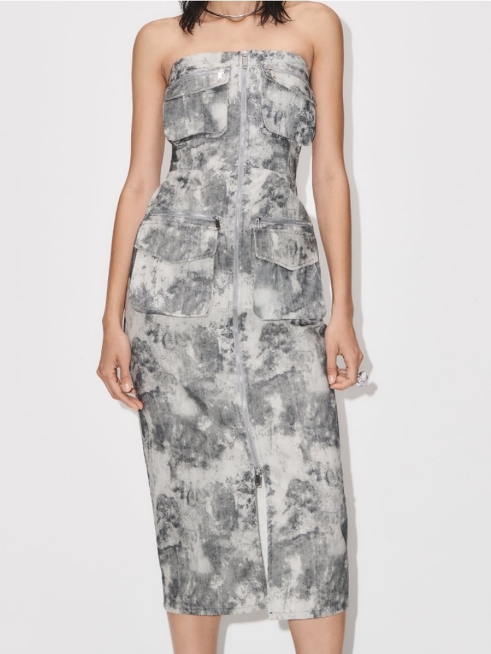 Zara Women S Camo Print Y2K Strapless The Fitted Cargo Utility Midi Dress NWT